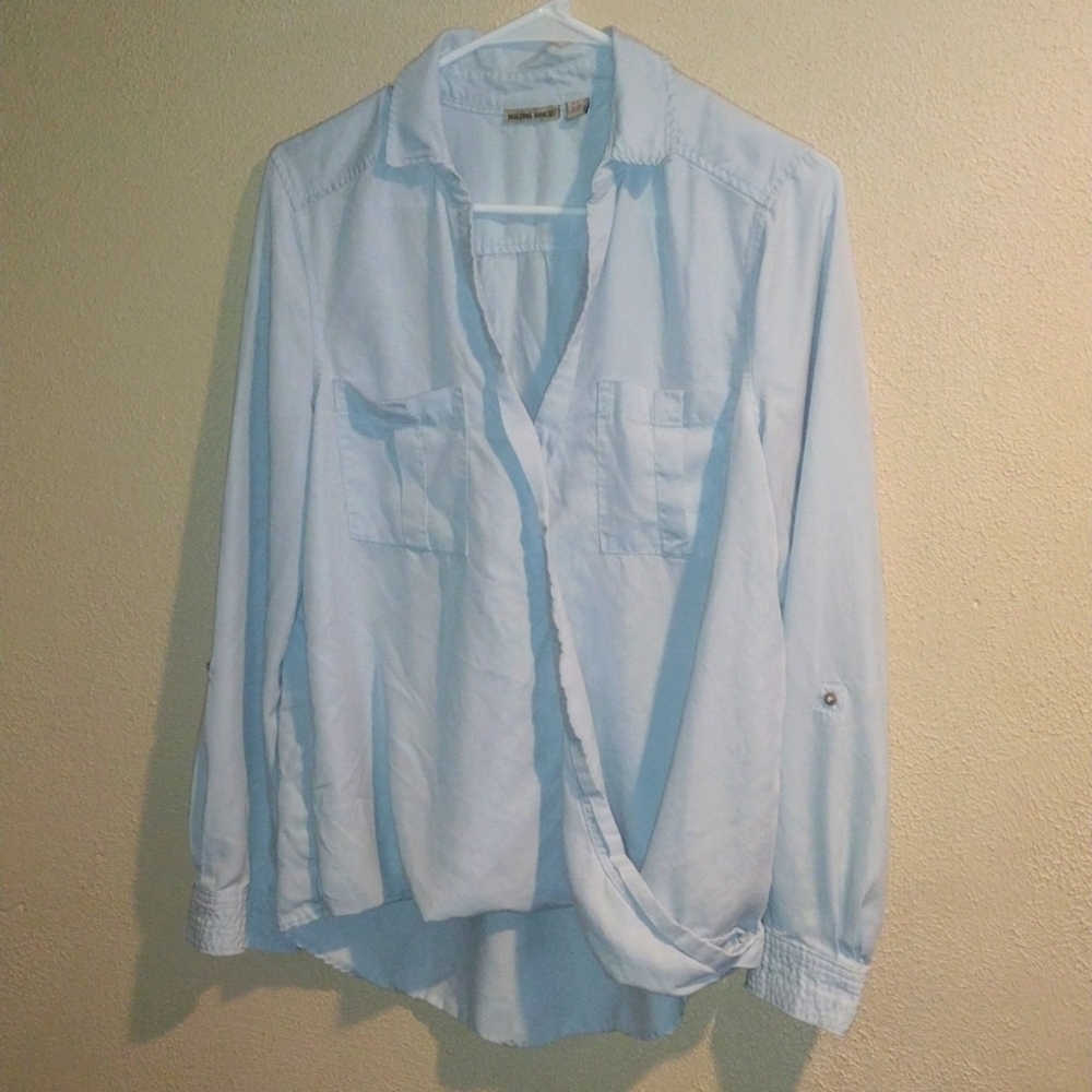 Holding Horses Faux Wrap 100% Lyocell Collared Baby Blue Popover Top 6